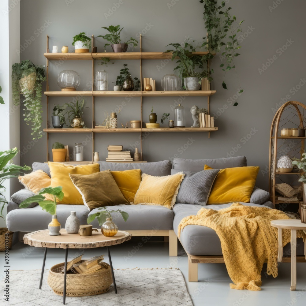 Fototapeta premium b'A cozy living room with a gray couch, yellow pillows, and plants on the wall'