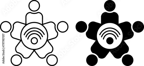 Social icons. Black and White Vector Icons of People Sitting Around Wi-Fi Internet. Social Media and Network Concept