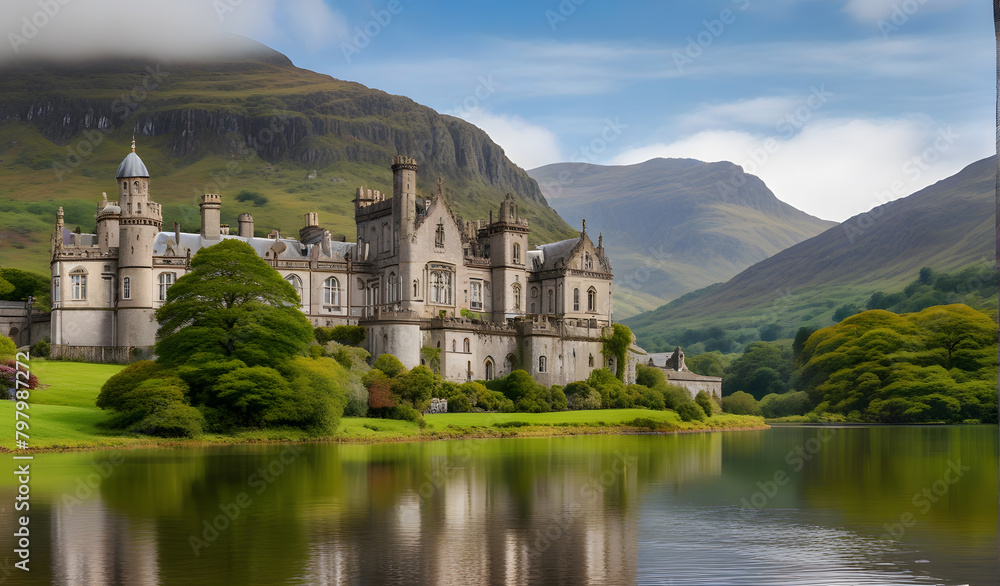 Panorama of Kylemore Abbey, beautiful castle like abbey reflected in lake at the foot of a mountain. Benedictine monastery, in Connemara, Ireland Panorama of Kylemore Abbey, beautiful castle like abbey reflected in lake at the foot of a mountain. Benedictine monastery, in Connemara, Ireland