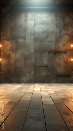 b'Spotlight on grunge concrete wall and wooden floor background'
