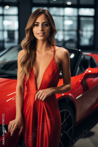 b'Elegant woman with red dress posing next to a red sports car' © Adobe Contributor