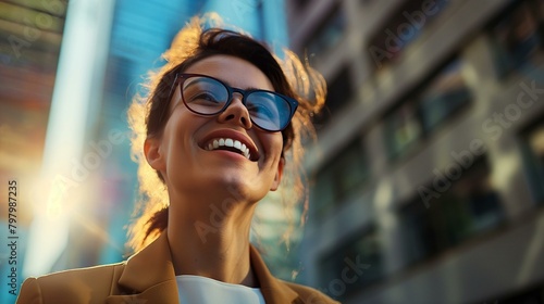 Dynamic Portrait of a Cheerful Young Entrepreneur in the City at Sunset