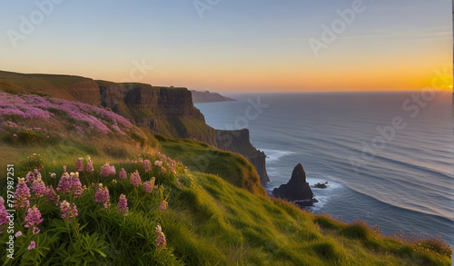 Sunset and flowers at Cliffs of Moher, County Clare, Munster province, Republic of Ireland, Europe.