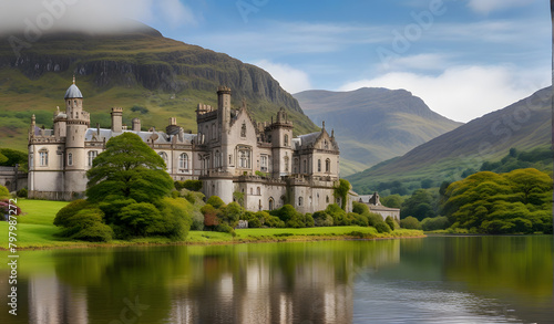 Panorama of Kylemore Abbey, beautiful castle like abbey reflected in lake at the foot of a mountain. Benedictine monastery, in Connemara, Ireland photo