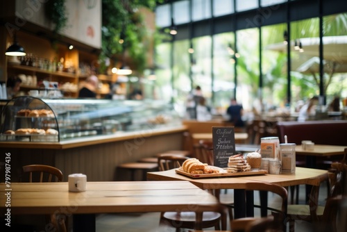b'Blurred background of a cafe with wooden tables and chairs, and a display case of pastries'