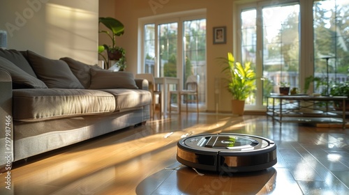 Smart Home Technology: An image of a robotic vacuum cleaner autonomously cleaning a living room floor photo