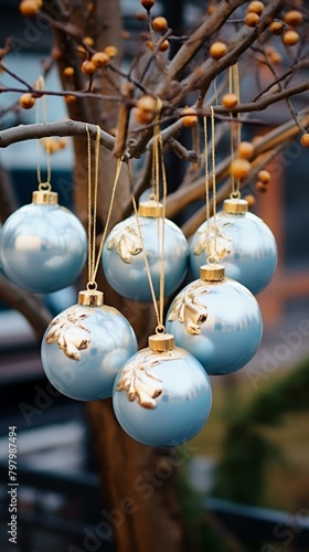 b'Blue Christmas balls hanging on a tree branch'