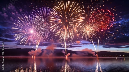b'Fireworks light up the sky over a lake at night'