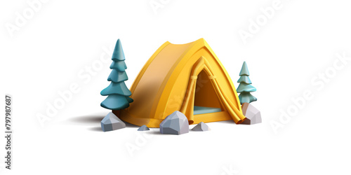 3D tent with trees, camping. Realistic image for outdoor recreation, travel, leisure, and lifestyle concepts. Vector