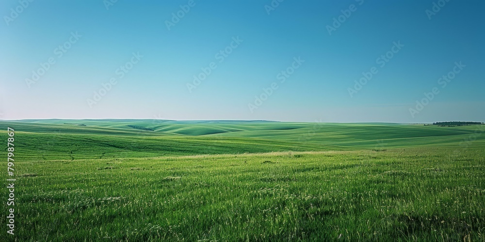 b'A verdant rolling green hill landscape with blue sky'