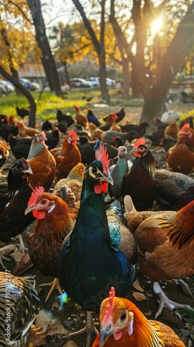 b'A group of chickens and peafowl in a barnyard' photo