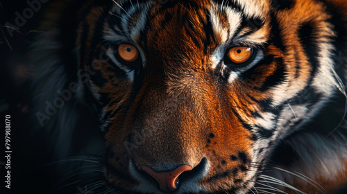 A tiger s face is shown in a close up  with its eyes glowing orange