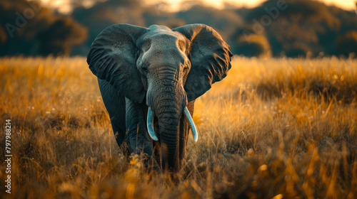 A large elephant is walking through a field of tall grass