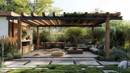 Sustainable Living Style: A stylish outdoor living setup with trendy furniture, chic accessories