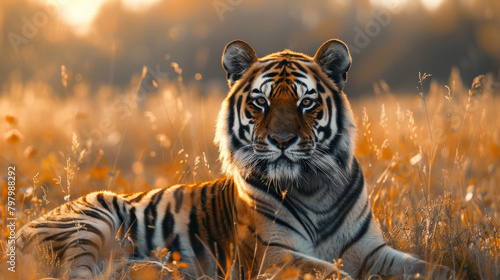 A tiger is laying in the grass  looking at the camera