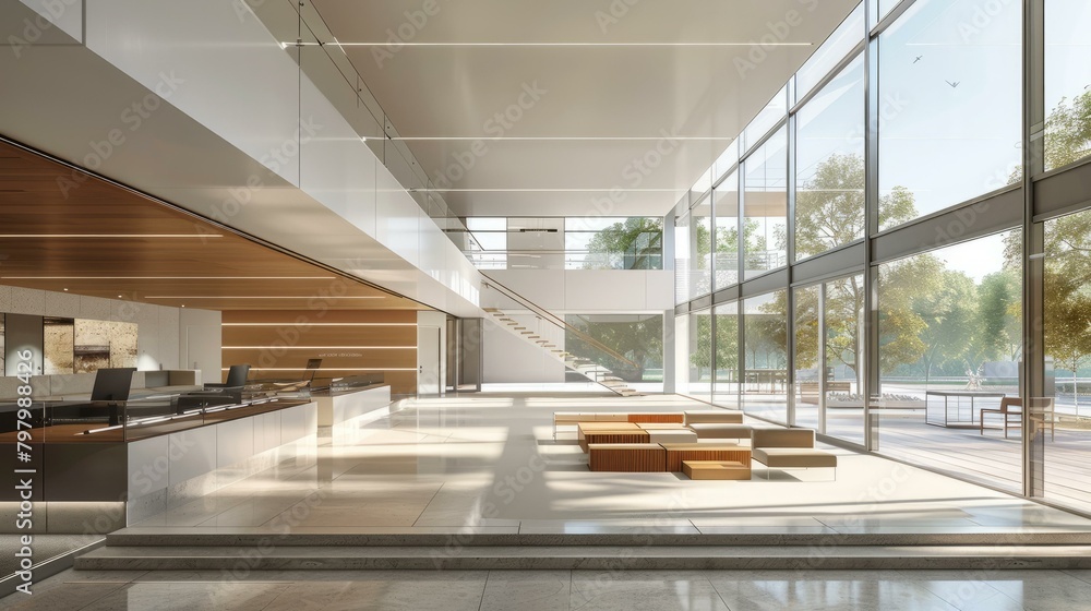 b'Office Lobby Interior With Modern Staircase And Large Windows' b'Office Lobby Interior With Modern Staircase And Large Windows'