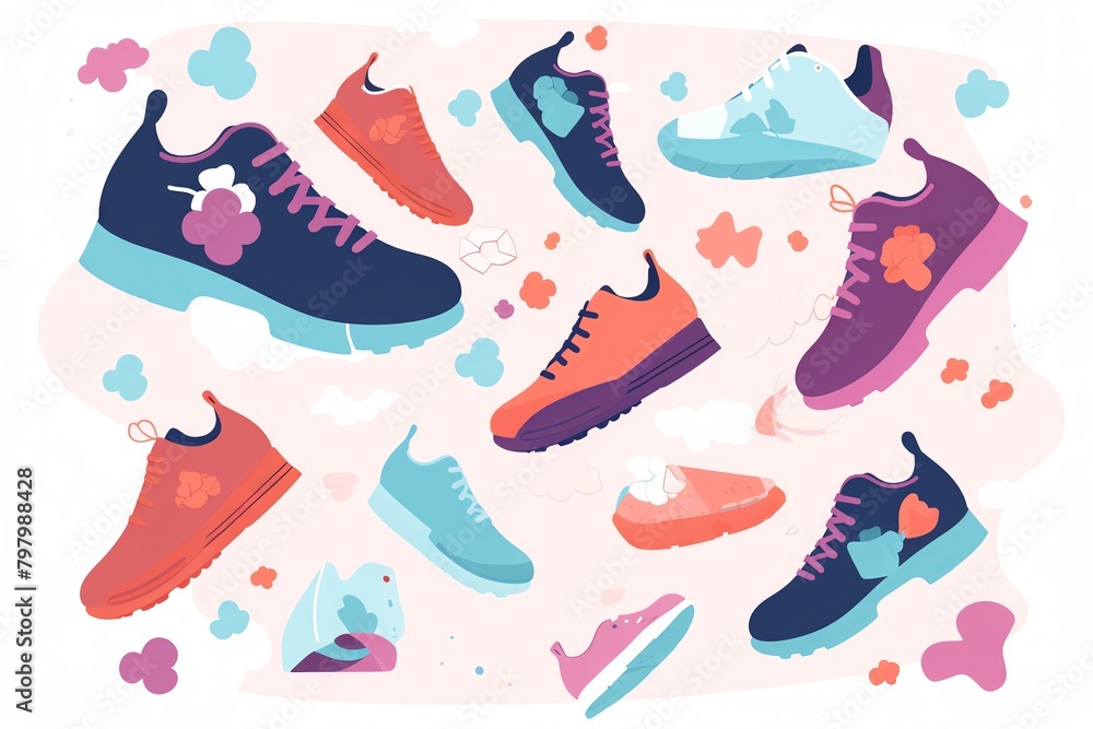 Colorful sneakers of various styles are arranged in a whimsical pattern.