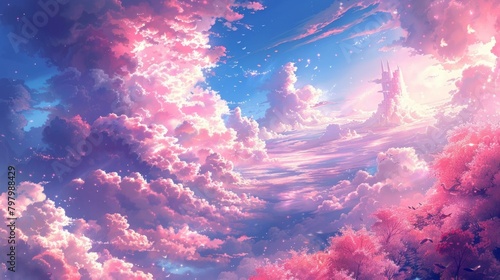 b Fantasy landscape with pink clouds and a floating city 