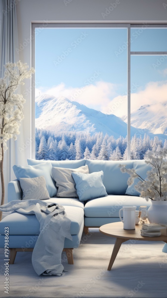 b'A cozy living room with a view of snow-capped mountains'