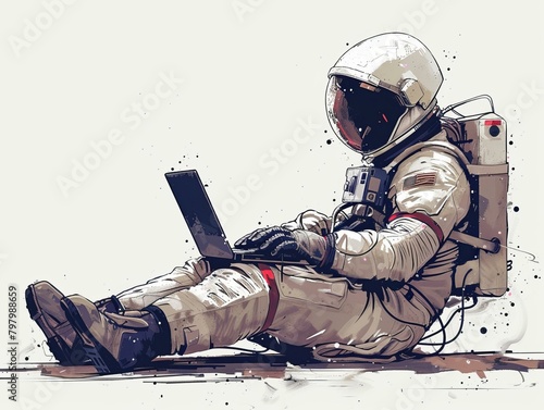 b'Astronaut sitting on the ground using laptop'