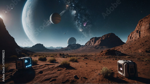 A VR experience transporting users to distant planets and alien landscapes, allowing them to explore the wonders of the universe from the comfort of their own home. Generated AI.