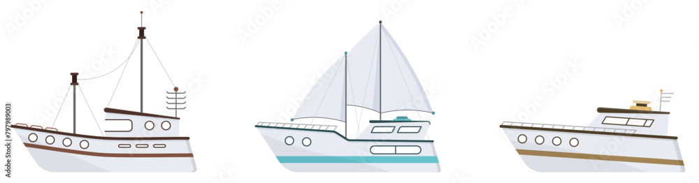 PNG, Sea ship. Set of flat yacht, boat, steamboat, ferry, fishing vessel, tugboat, pleasure boat, cruise ship. Sailboat isolated on white background. Ocean transport concept. Vector illustration