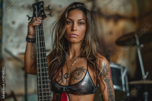b'portrait of a female musician holding a bass guitar'