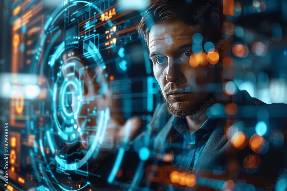 Businessman demonstrating advanced encryption technologies through a hologram, underscoring the critical role of cybersecurity, with room for text Businessman demonstrating advanced encryption technologies through a hologram, underscoring the critical role of cybersecurity, with room for text