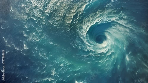 Whirlpool in a blue ocean seen from above creating a natural spiral photo