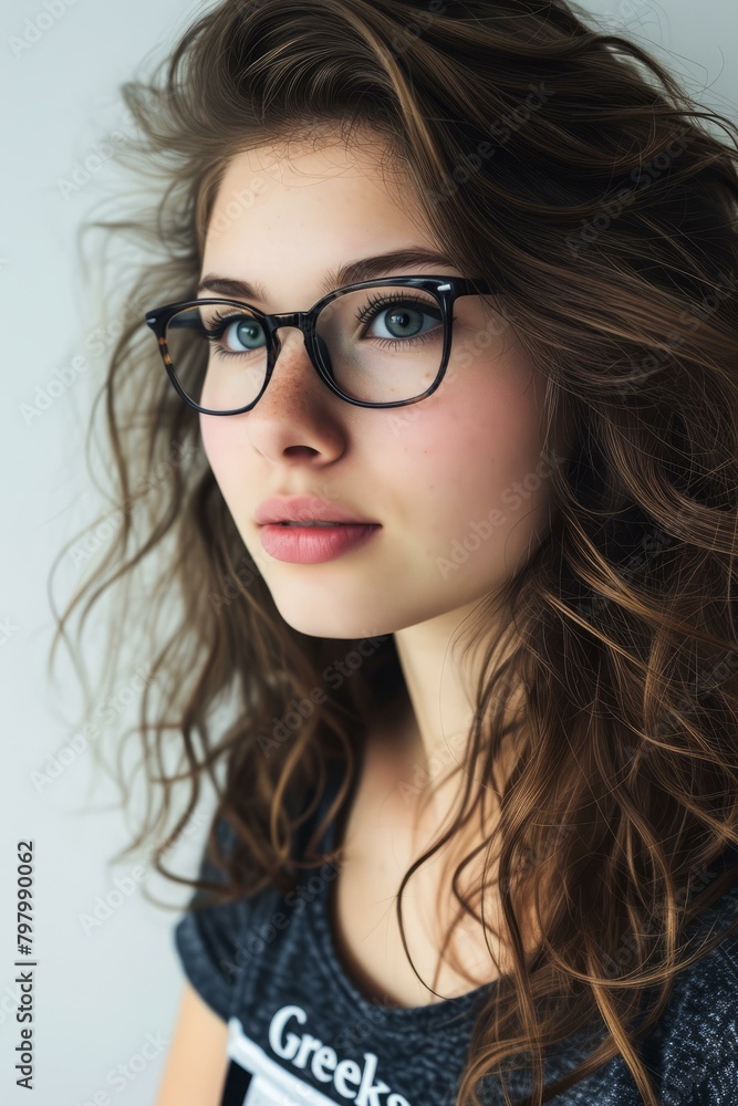 b'portrait of a beautiful young woman with glasses' b'portrait of a beautiful young woman with glasses'