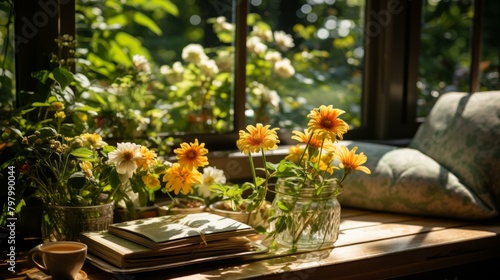 b'Yellow and white flowers by the window'