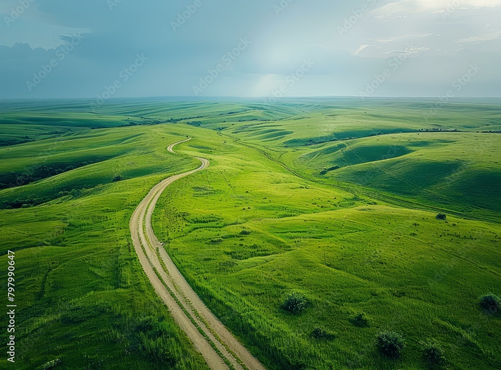 b'Curving Road Through The Grasslands' b'Curving Road Through The Grasslands'