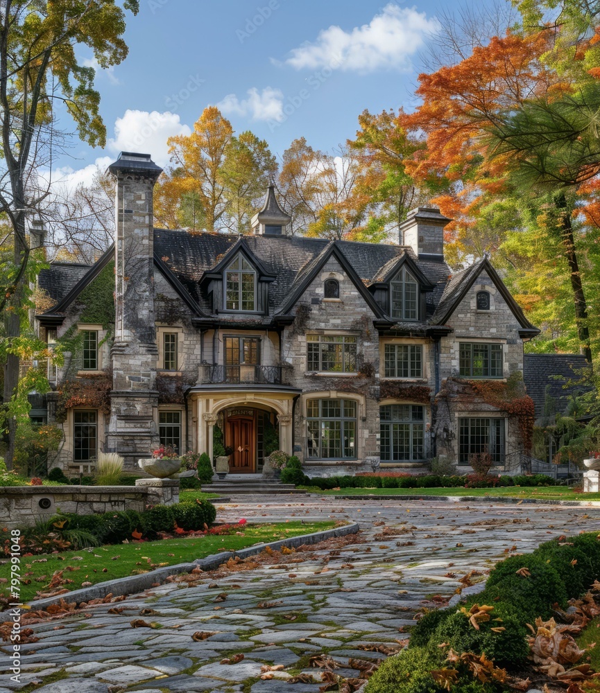 b'A stone mansion with a long driveway and a beautiful fall landscape'