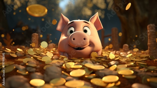 b'A pink cartoon pig sitting in a pile of gold coins'