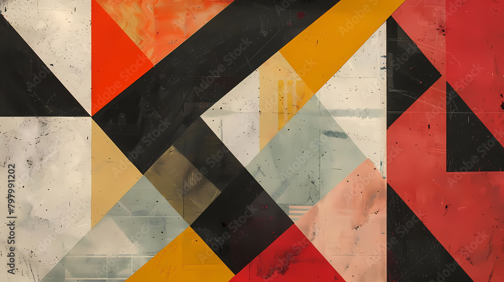abstract geometric collage in black, orange, yellow, and grey