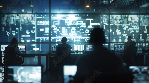 Cybersecurity Experts in Action: A State-of-the-Art Control Room Lit by Natural Light and Soft Shadows During a Cyber Attack Simulation