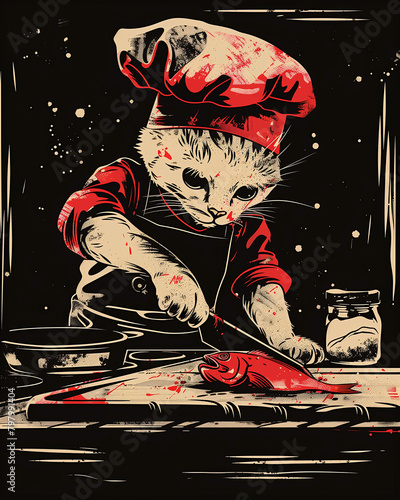 A cat chef is cutting a fish on a cutting board