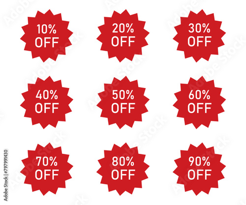 Percentage discount offer sale tags set in rounded zig zag circle in red color. Discount sale off tag, 10, 20, 30, 40. 50, 60, 70, 80, 90 percent. Special offer price tag. Vector illustration.