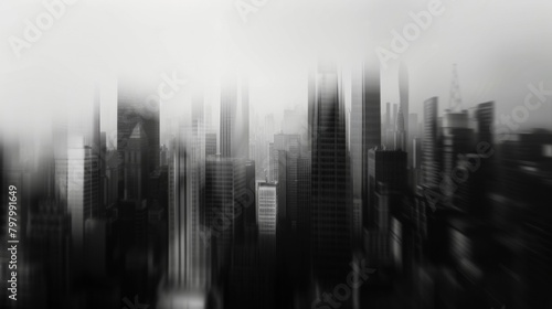 Defocused image 2 A monochromatic cityscape of towering buildings their sharp edges and shadows blending together in an almost painterly effect. Geometry is highlighted and concealed .