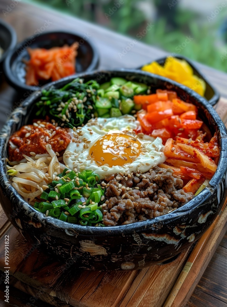 Korean Food Bibimbap With Egg And Vegetables In Stone Bowl Korean Food Bibimbap With Egg And Vegetables In Stone Bowl