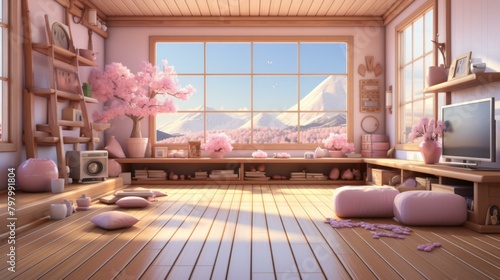 b'Cozy Japanese-style room with a view of Mount Fuji'
