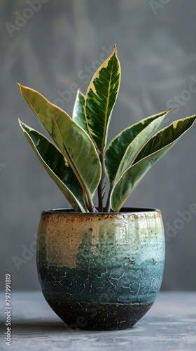 b A potted variegated Fiddle Leaf Fig plant 