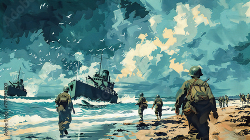 D-Day Landing Celebrations: Commemorating the American Invasion of Normandy in June 1944 with an Emotional and Powerful Illustration photo