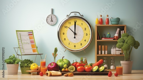 b'A variety of healthy food items are arranged on a kitchen counter with a clock on the wall behind.'