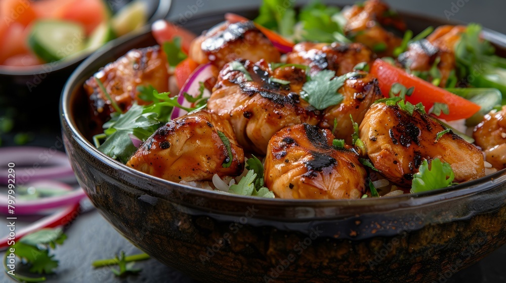 b'A delicious and healthy meal of chicken teriyaki with rice and vegetables' b'A delicious and healthy meal of chicken teriyaki with rice and vegetables'