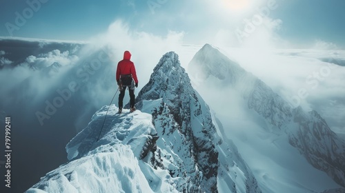 b'A mountain climber reaches the summit of a snow-capped mountain and looks out at the view'