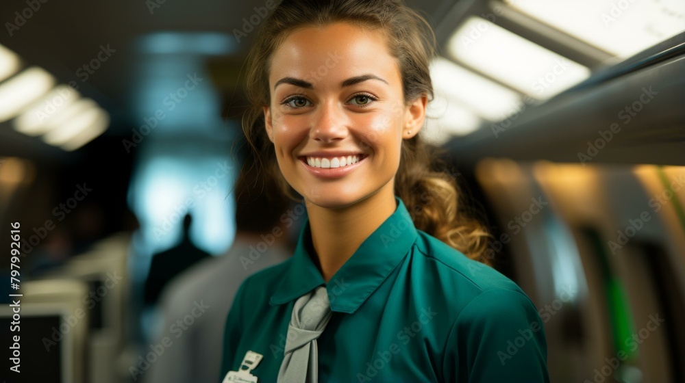 b'Portrait of a young smiling stewardess in uniform'
