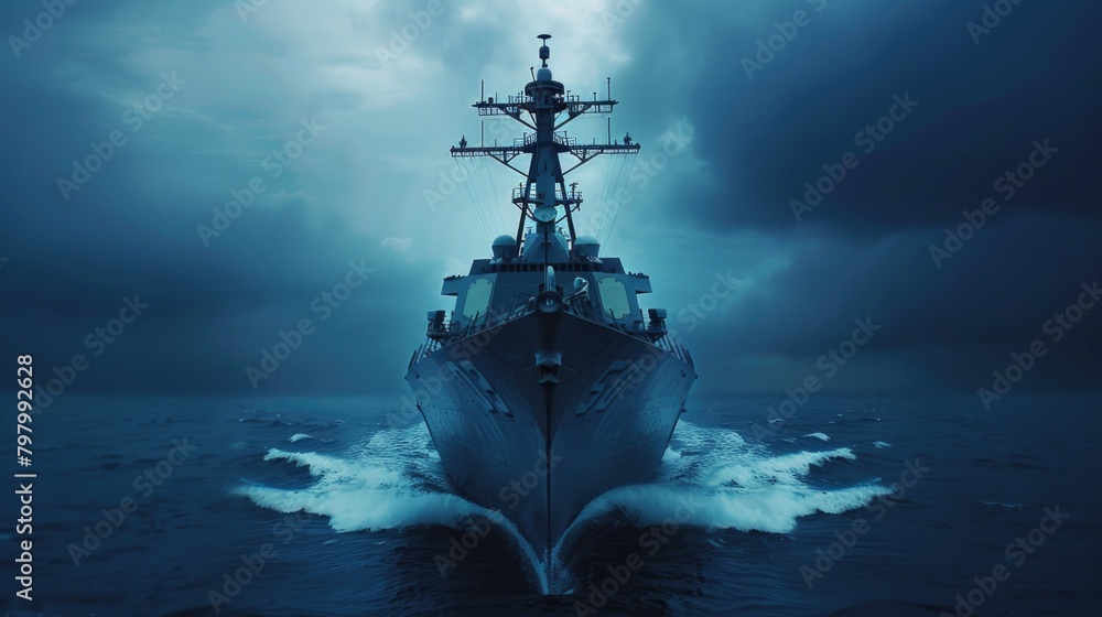 A navy ship sailing in the vast ocean. Suitable for military, travel, and adventure themes A navy ship sailing in the vast ocean. Suitable for military, travel, and adventure themes