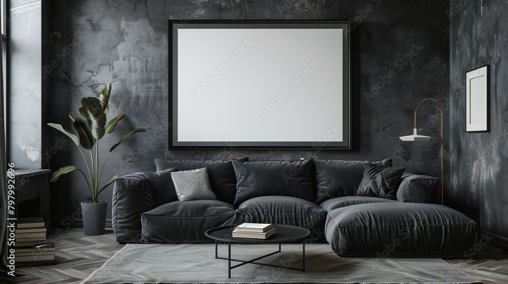 Retro Revival: Black Living Room Mockup with Stylish 3D Render and Vintage Flair Retro Revival: Black Living Room Mockup with Stylish 3D Render and Vintage Flair
