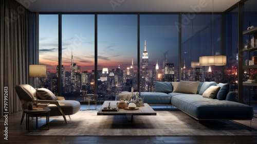 b'Modern living room interior with floor to ceiling windows overlooking a city skyline at night' © Adobe Contributor